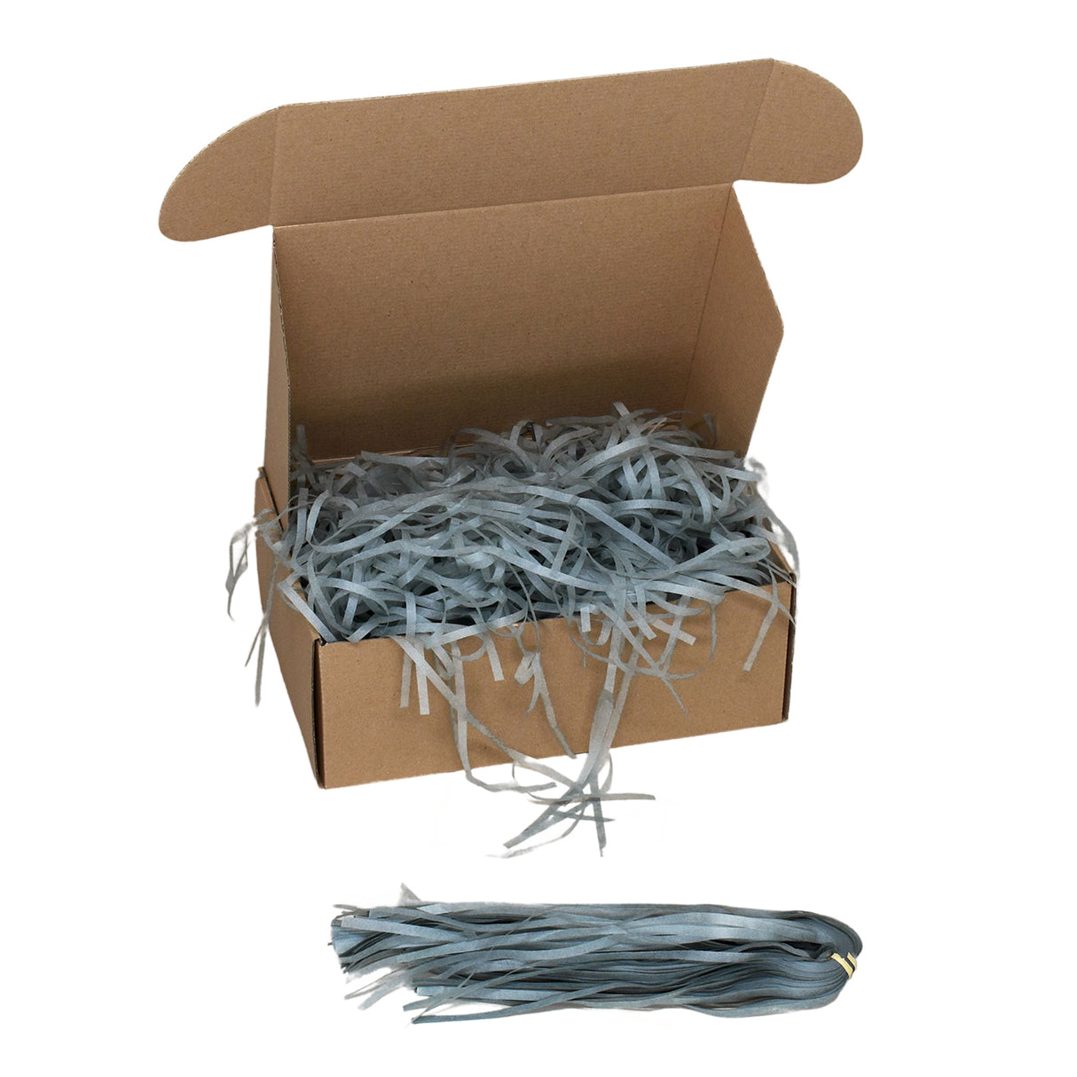 Grey tissue paper shred filler shown in a brown box