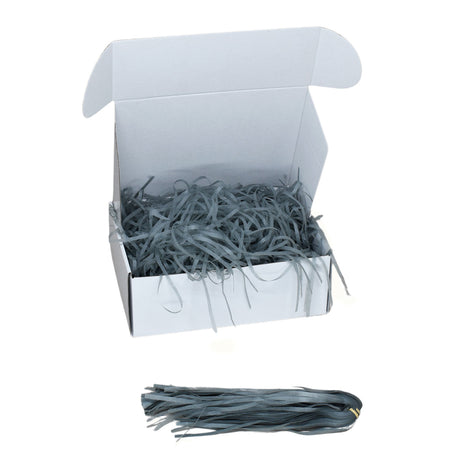 Grey  tissue shred filler displayed in a white gift box