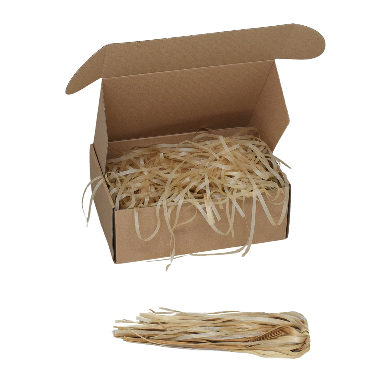 Light Tan tissue paper shred filler shown in a brown box