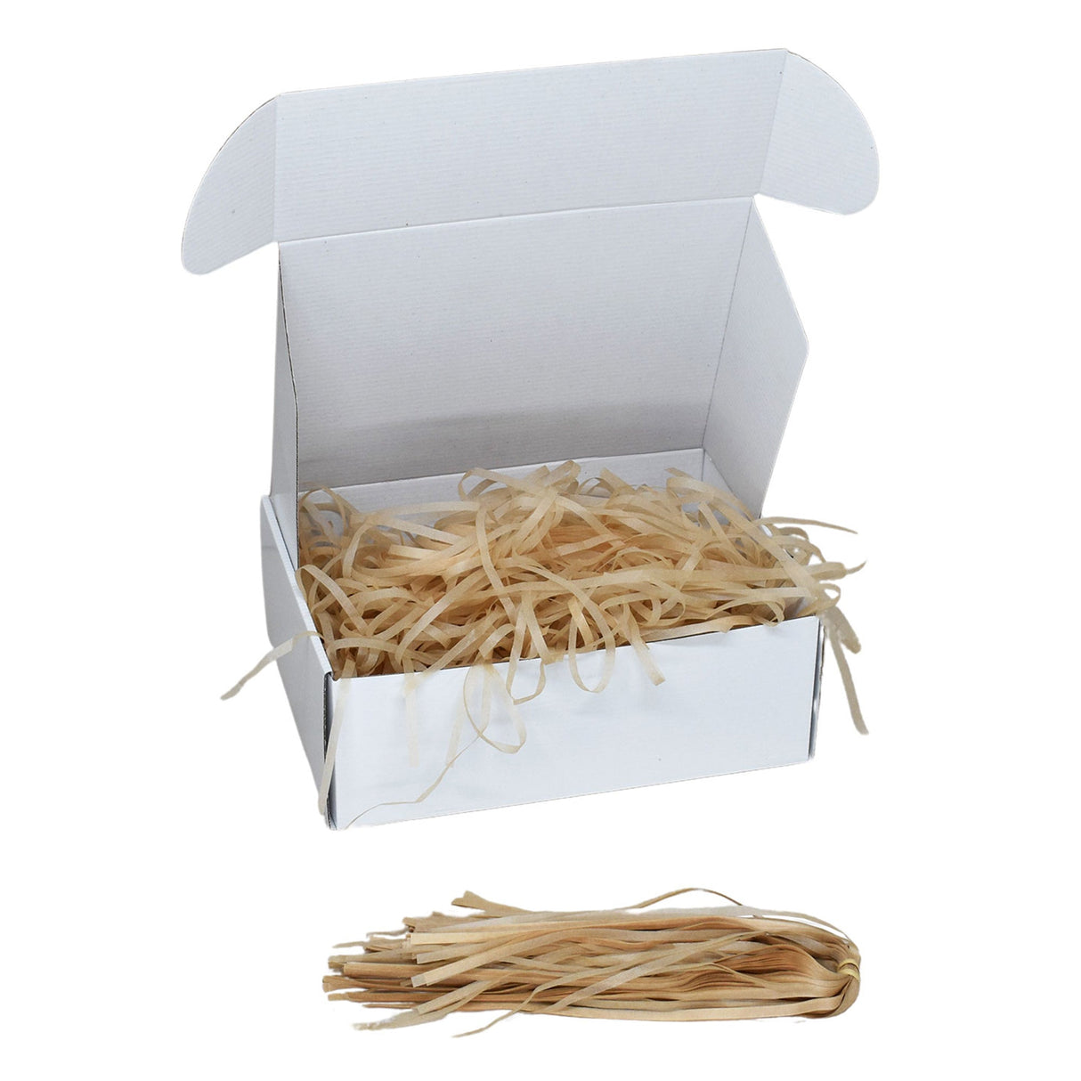 Light Tan  tissue shred filler displayed in a white gift box