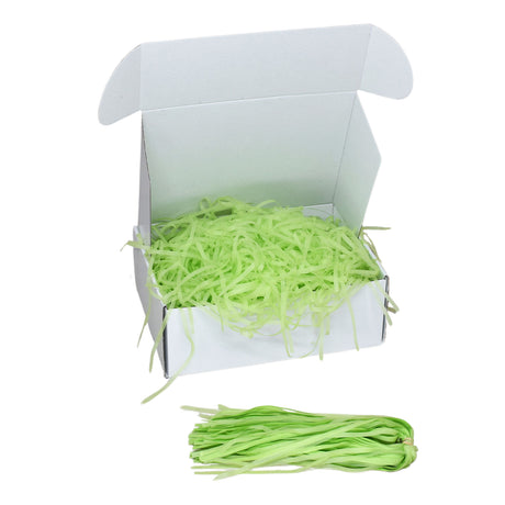Lime Green  tissue shred filler displayed in a white gift box
