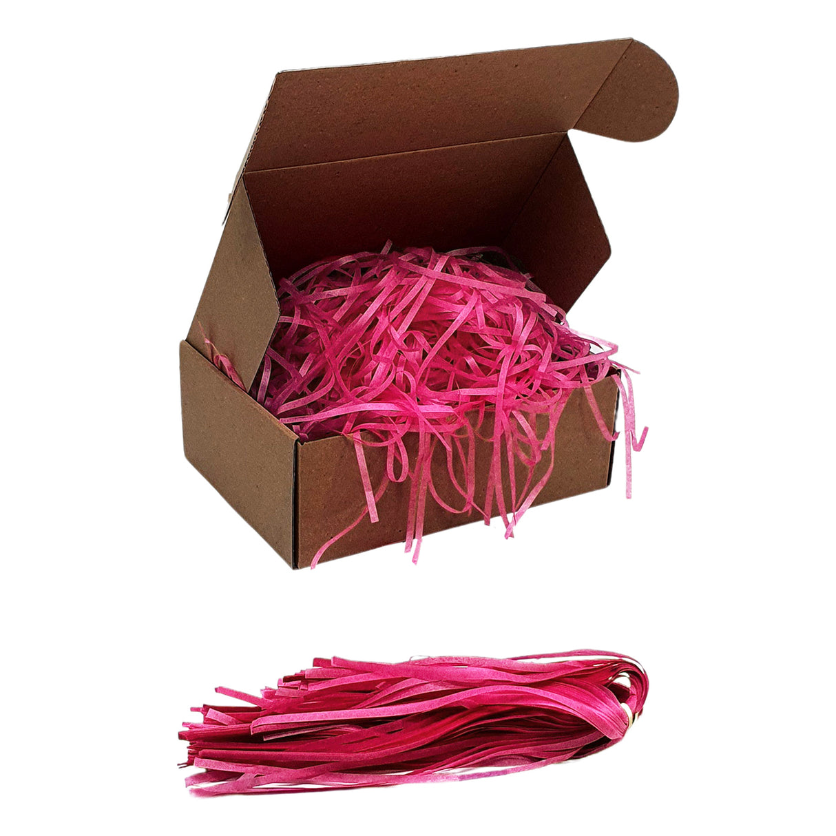 Passion Pink tissue paper shred filler shown in a brown box