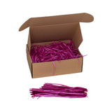 Plum tissue paper shred filler shown in a brown box