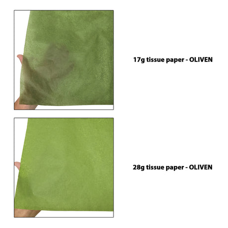 Plain tissue paper olive-green, 17gsm vs 28gsm transparency comparison, size 50x75cm
