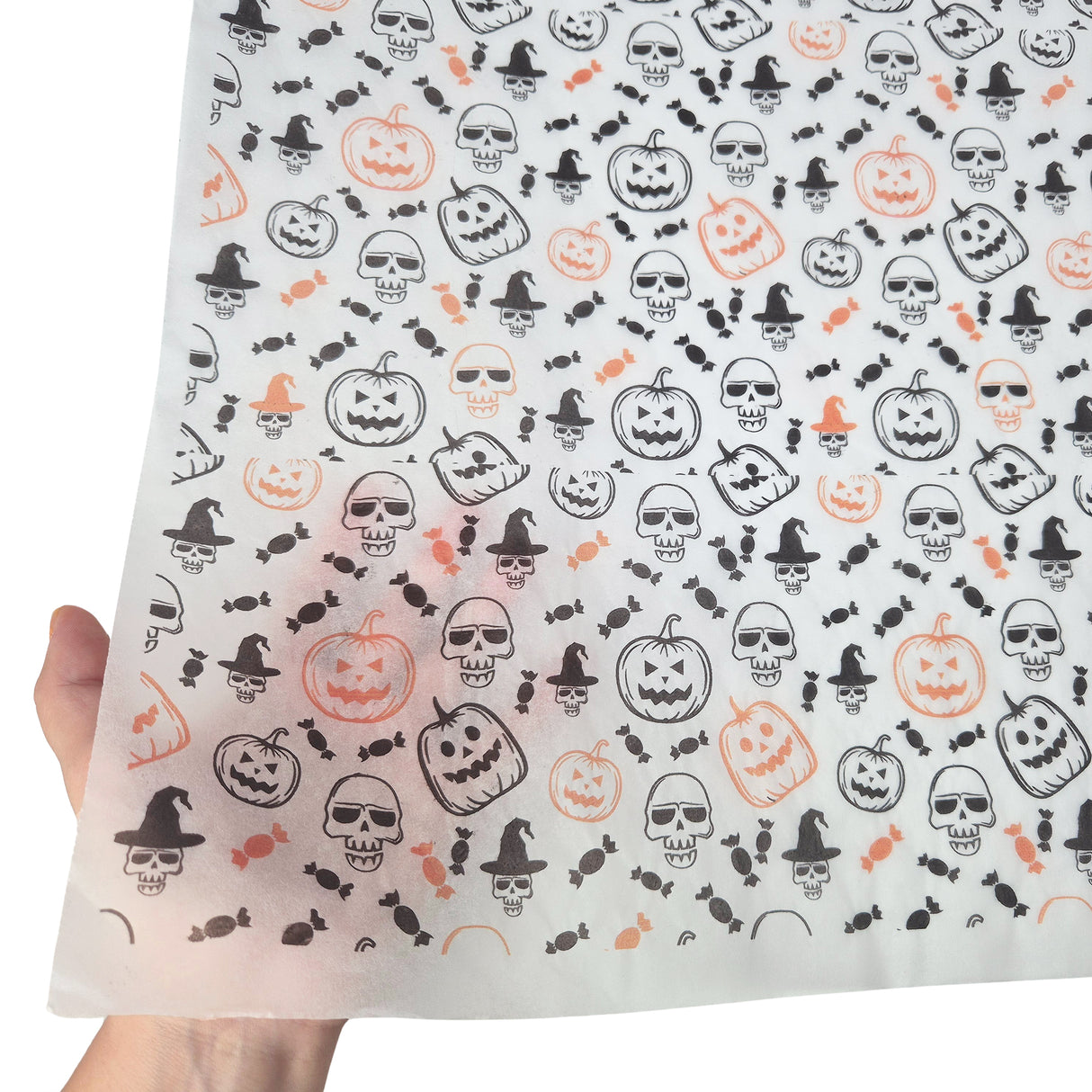 tissue paper Party Skulls & Pumpkins, texture and transparency, 17gsm – size 50x75cm