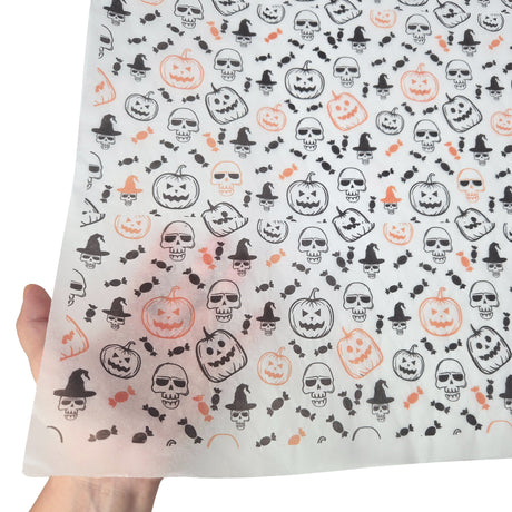 tissue paper Party Skulls & Pumpkins, texture and transparency, 17gsm – size 50x75cm
