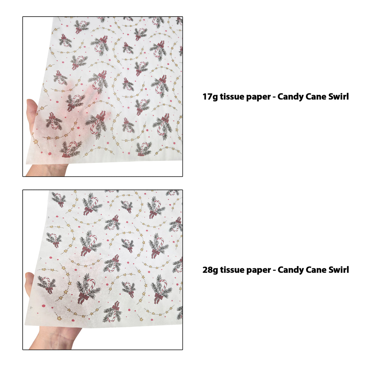 Tissue pattern paper Christmas Candy Cane Swirl 17 g/m² vs 28 g/m² transparency comparison, size 50x75cm