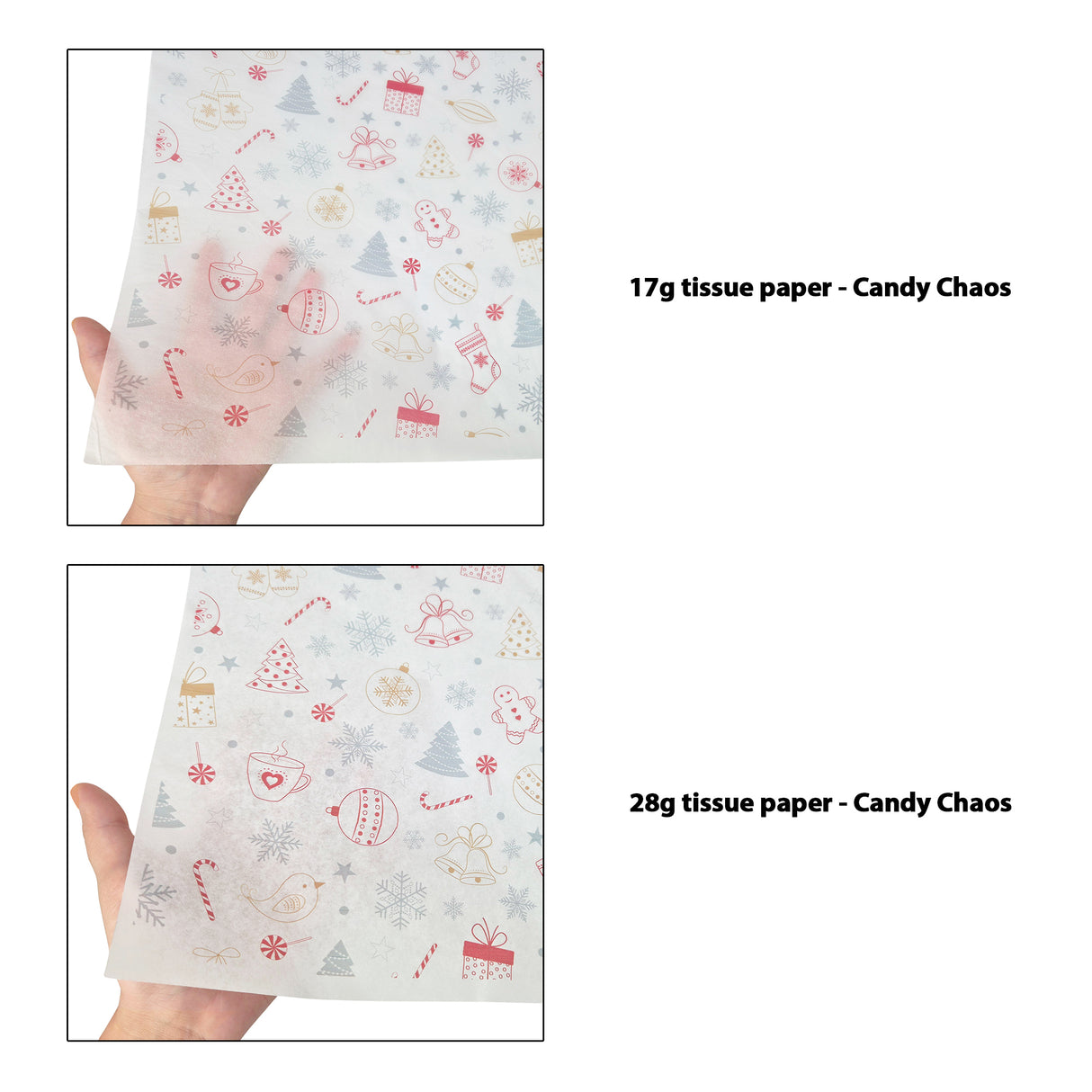 Tissue pattern paper Christmas Candy Chaos 17 g/m² vs 28 g/m² transparency comparison, size 50x75cm
