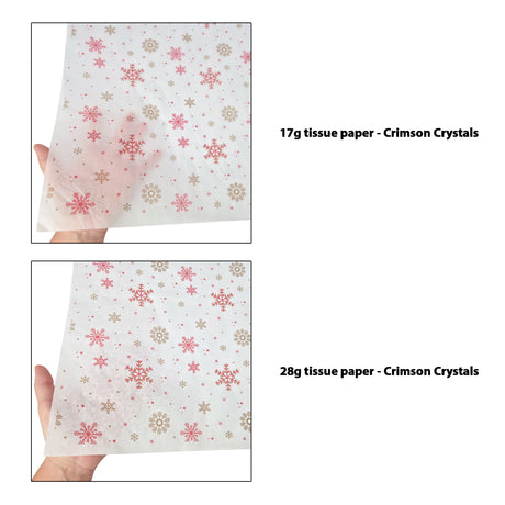 Tissue pattern paper Christmas Crimson Crystals 17 g/m² vs 28 g/m² transparency comparison, size 50x75cm