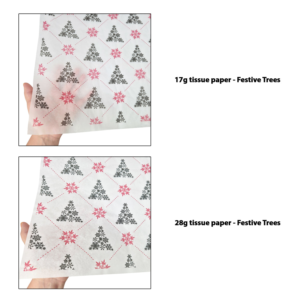Tissue pattern paper Christmas Festive Trees 17 g/m² vs 28 g/m² transparency comparison, size 50x75cm