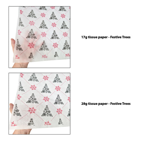 Tissue pattern paper Christmas Festive Trees 17 g/m² vs 28 g/m² transparency comparison, size 50x75cm