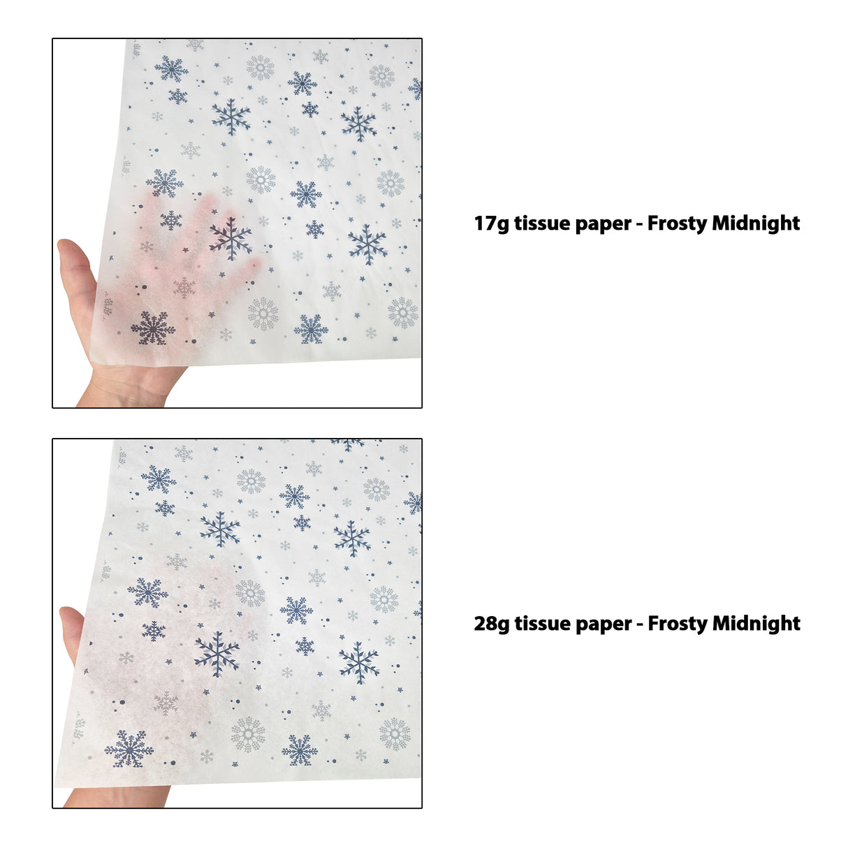 Tissue pattern paper Christmas Frosty Midnight 17 g/m² vs 28 g/m² transparency comparison, size 50x75cm