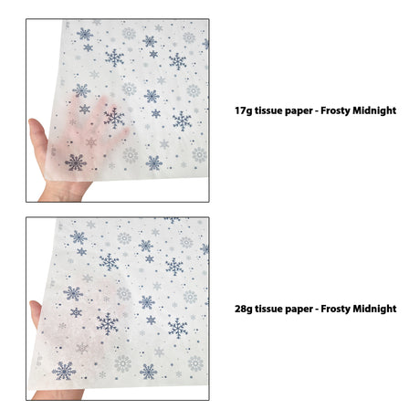 Tissue pattern paper Christmas Frosty Midnight 17 g/m² vs 28 g/m² transparency comparison, size 50x75cm