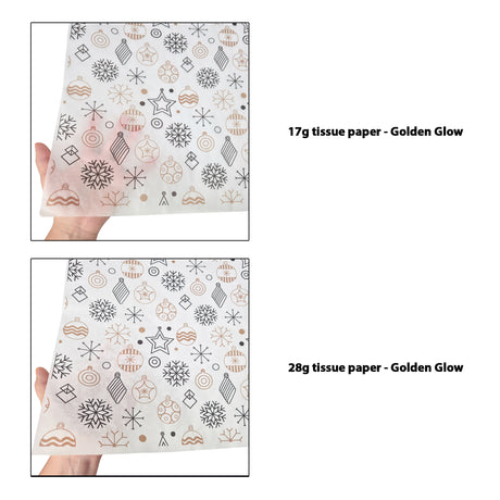Tissue pattern paper Christmas Golden Glow 17 g/m² vs 28 g/m² transparency comparison, size 50x75cm