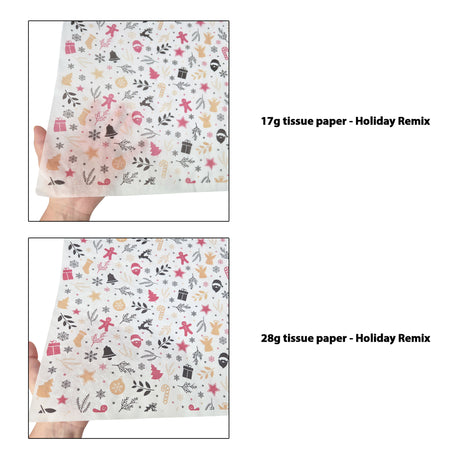 Tissue pattern paper Christmas Holiday Remix 17 g/m² vs 28 g/m² transparency comparison, size 50x75cm