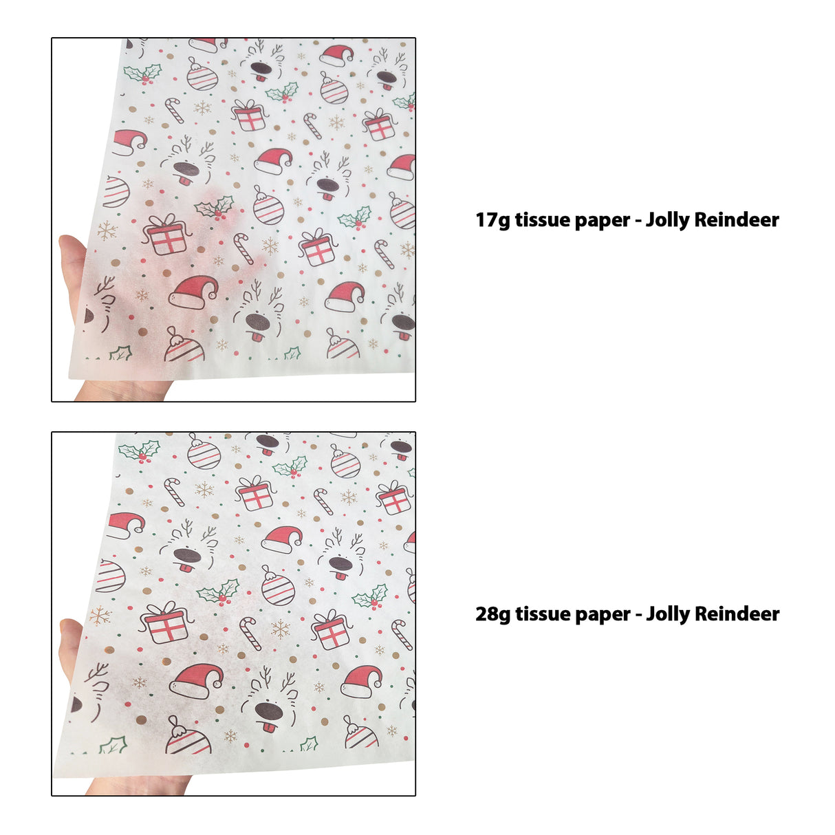 Tissue pattern paper Christmas Jolly Reindeer 17 g/m² vs 28 g/m² transparency comparison, size 50x75cm