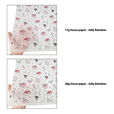 Tissue pattern paper Christmas Jolly Reindeer 17 g/m² vs 28 g/m² transparency comparison, size 50x75cm
