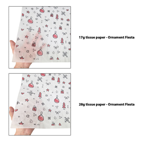 Tissue pattern paper Christmas Ornament Fiesta 17 g/m² vs 28 g/m² transparency comparison, size 50x75cm
