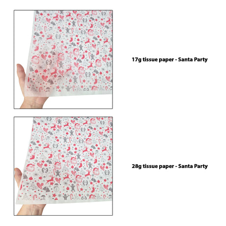 Tissue pattern paper Christmas Santa Party 17 g/m² vs 28 g/m² transparency comparison, size 50x75cm