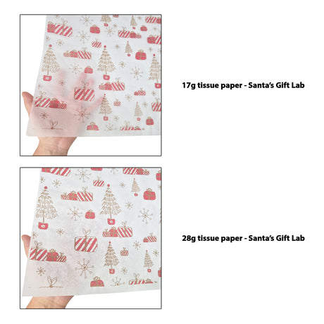 Tissue pattern paper Christmas Santa’s Gift Lab 17 g/m² vs 28 g/m² transparency comparison, size 50x75cm