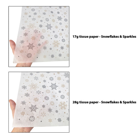 Tissue pattern paper Christmas Snowflakes & Sparkles 17 g/m² vs 28 g/m² transparency comparison, size 50x75cm