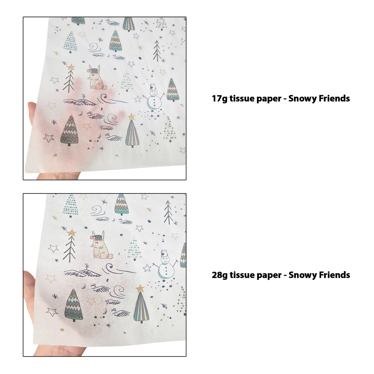Tissue pattern paper Christmas Snowy Friends 17 g/m² vs 28 g/m² transparency comparison, size 50x75cm