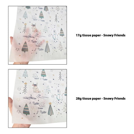 Tissue pattern paper Christmas Snowy Friends 17 g/m² vs 28 g/m² transparency comparison, size 50x75cm