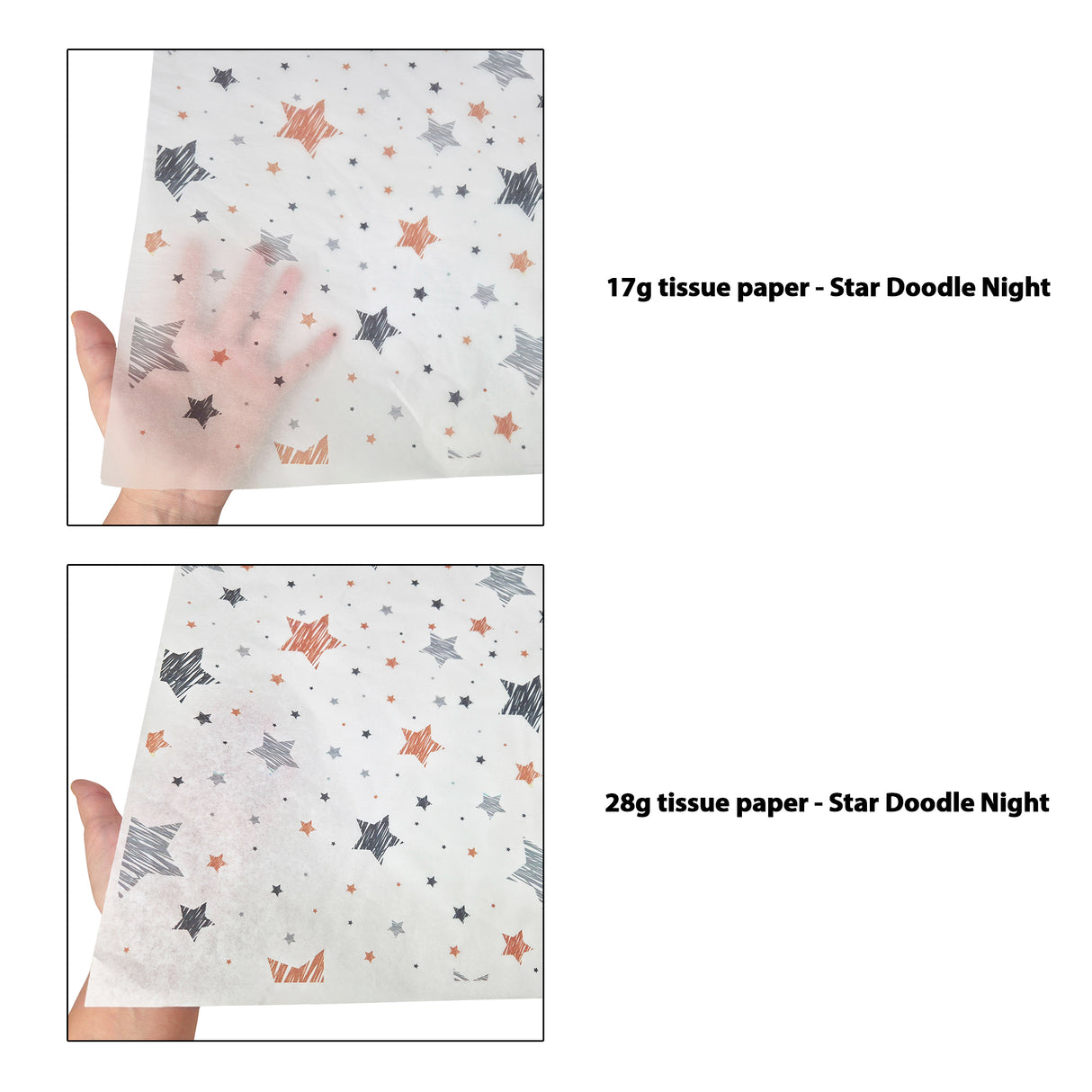 Tissue pattern paper Christmas Star Doodle Night 17 g/m² vs 28 g/m² transparency comparison, size 50x75cm