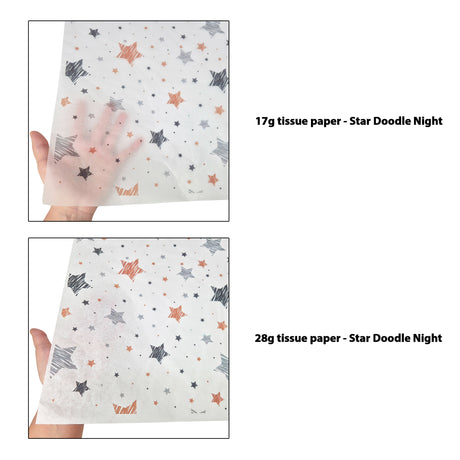 Tissue pattern paper Christmas Star Doodle Night 17 g/m² vs 28 g/m² transparency comparison, size 50x75cm