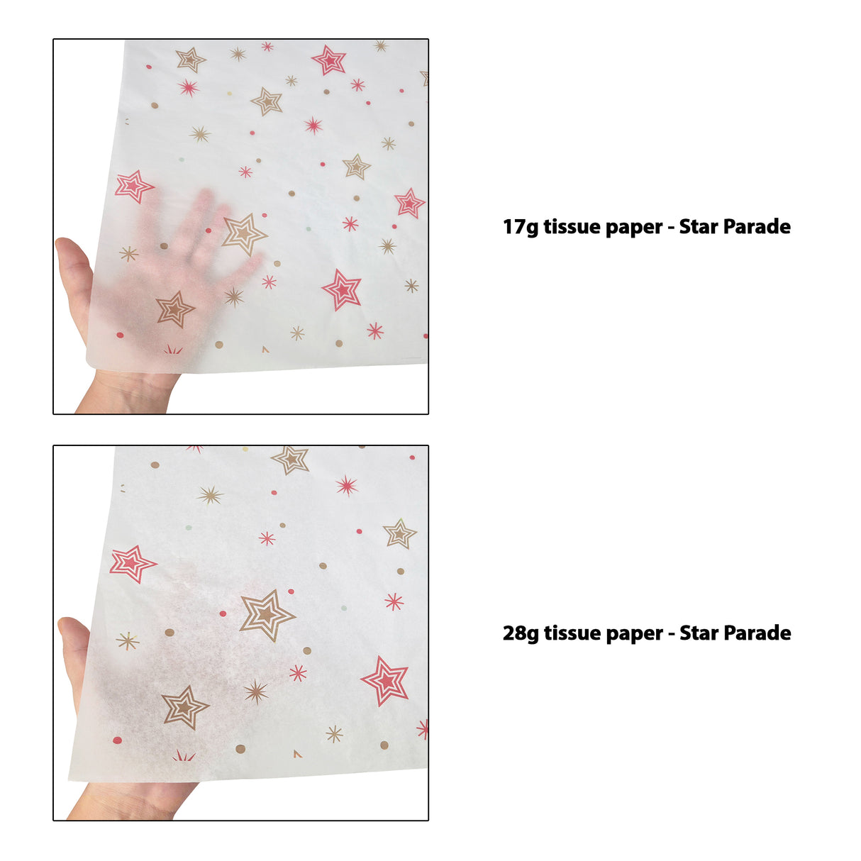 Tissue pattern paper Christmas Star Parade 17 g/m² vs 28 g/m² transparency comparison, size 50x75cm