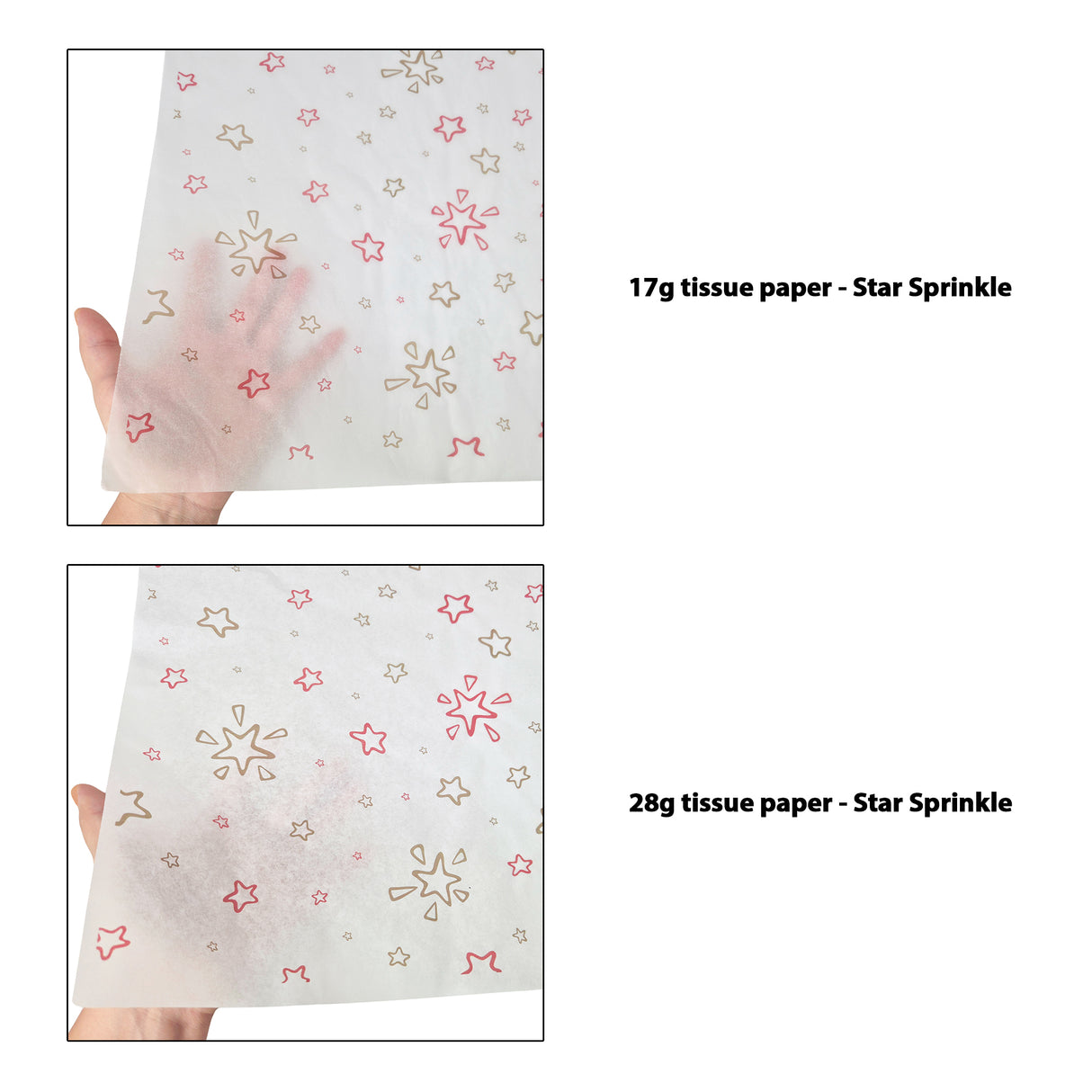 Tissue pattern paper Christmas Star Sprinkle 17 g/m² vs 28 g/m² transparency comparison, size 50x75cm