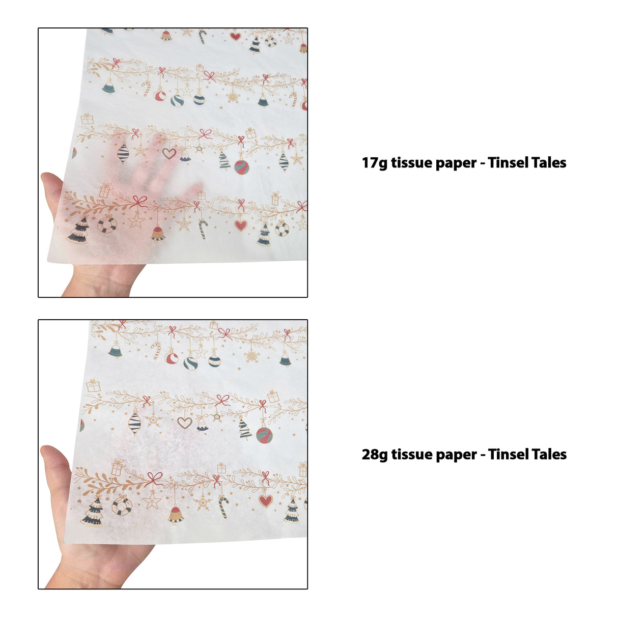 Tissue pattern paper Christmas Tinsel Tales 17 g/m² vs 28 g/m² transparency comparison, size 50x75cm
