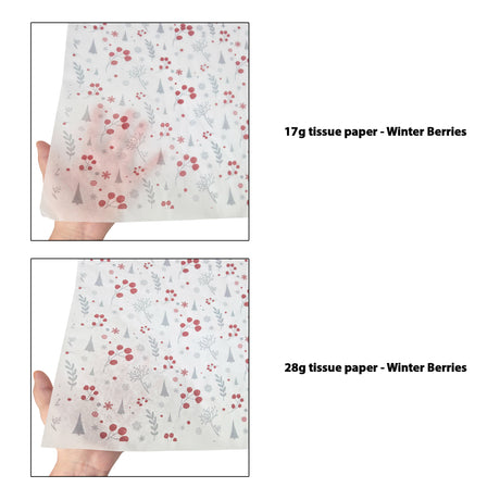 Tissue pattern paper Christmas Winter Berries 17 g/m² vs 28 g/m² transparency comparison, size 50x75cm