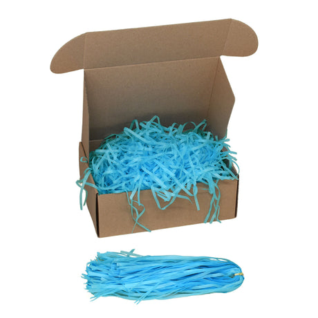 Turquoise tissue paper shred filler shown in a brown box
