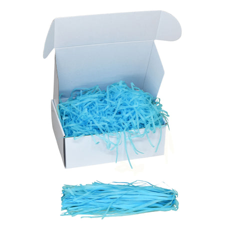Turquoise tissue shred filler displayed in a white gift box