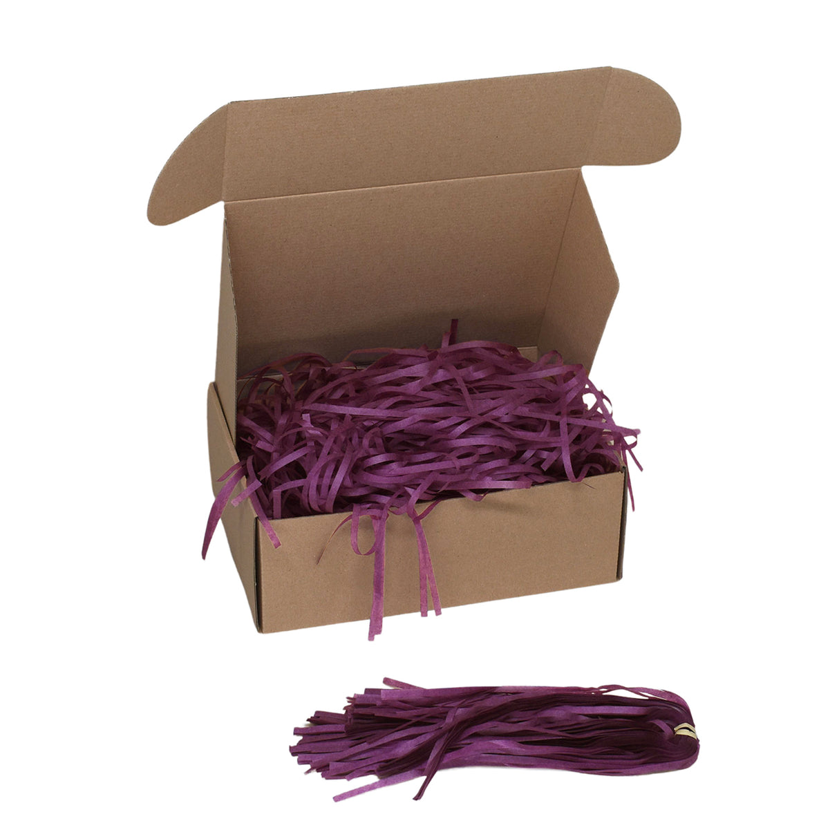 Violet tissue paper shred filler shown in a brown box