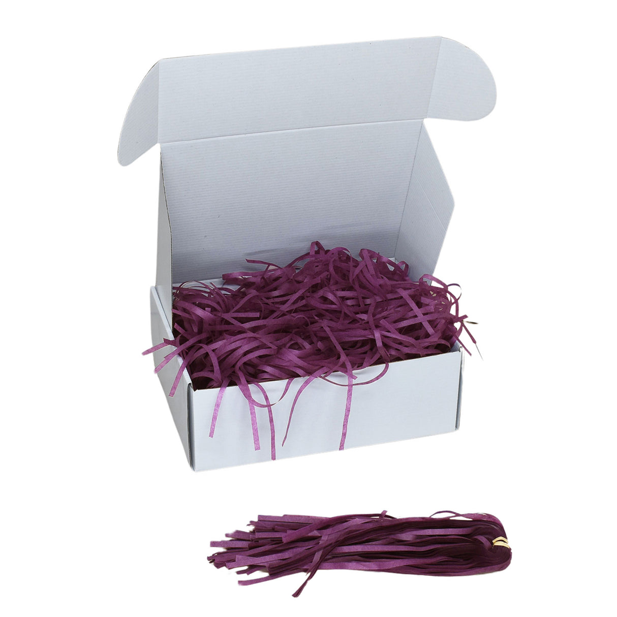 Violet tissue shred filler displayed in a white gift box